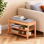 Shoe Rack Bench with Storage, 2-Tier Entryway Bench with Cotton-Linen Cushion, Flip-Open Solid Wood Storage Organizer for Hallway, Living Room, Bedroom, 31.5”