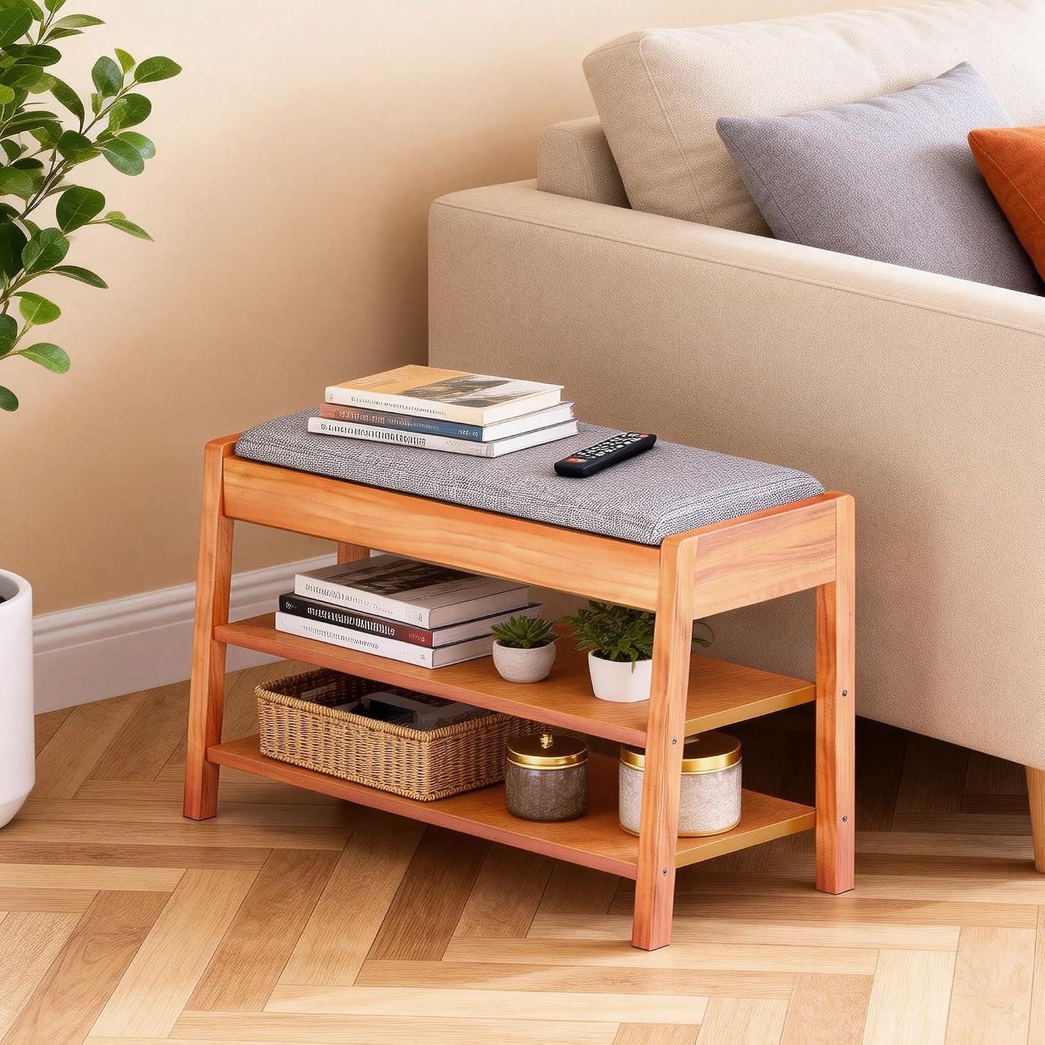 Shoe Rack Bench with Storage, 2-Tier Entryway Bench with Cotton-Linen Cushion, Flip-Open Solid Wood Storage Organizer for Hallway, Living Room, Bedroom, 31.5”