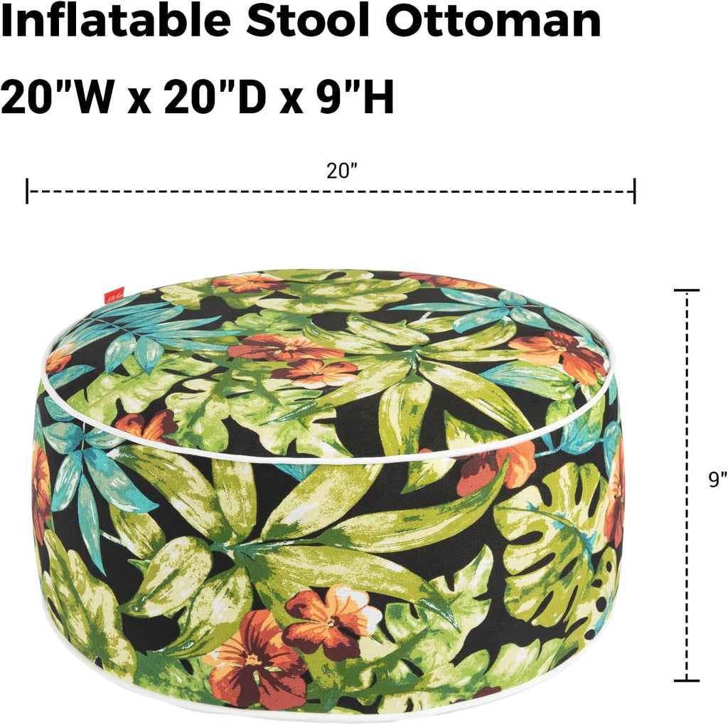Outdoor/Indoor Inflatable Ottoman Pouf D20 xH9, All Weather Round Footstool with Handle, Water Repellent Portable Footrest for Patio Garden Camping Travel-Tropical Green Leaves