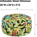 Outdoor/Indoor Inflatable Ottoman Pouf D20 xH9, All Weather Round Footstool with Handle, Water Repellent Portable Footrest for Patio Garden Camping Travel-Tropical Green Leaves