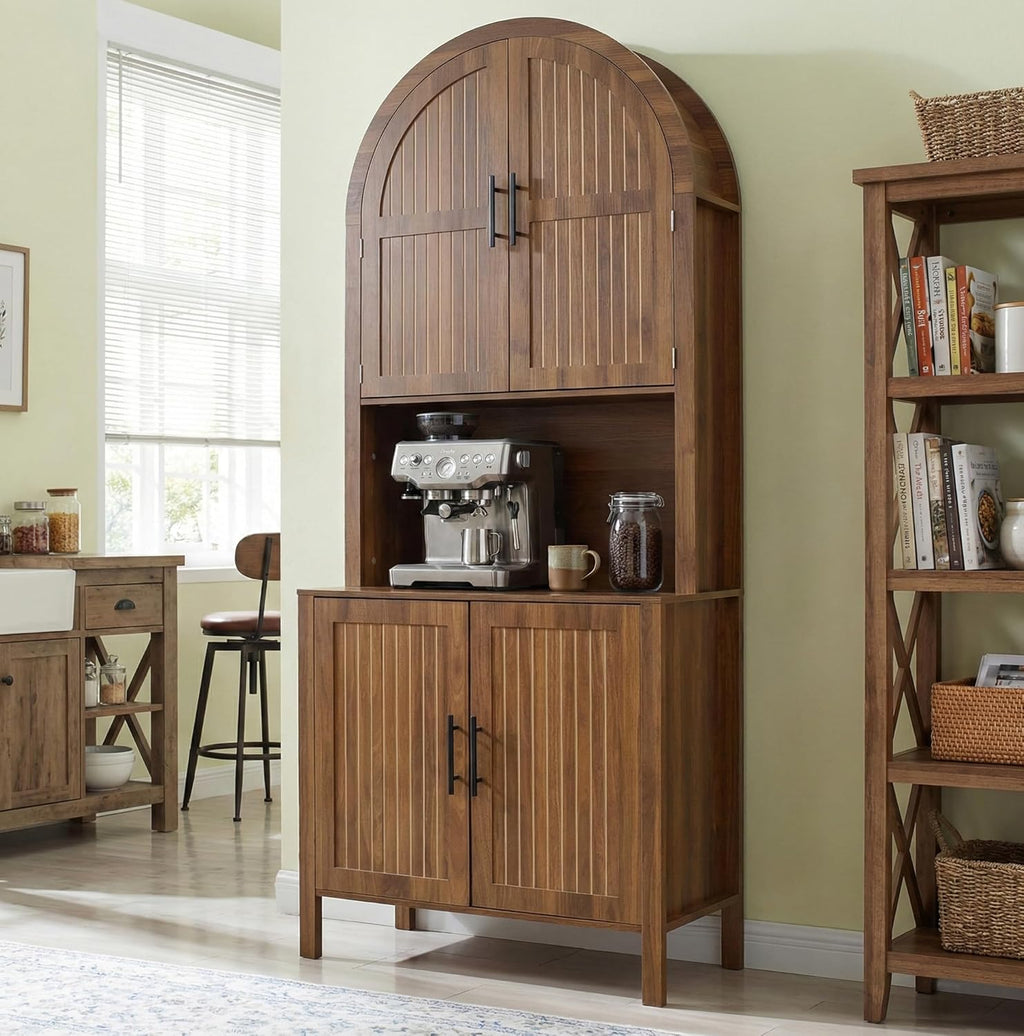 76" Tall Arched Kitchen Pantry, Large Kitchen Storage Cabinet with Fluted Doors and Microwave Stand, Modern Wood Buffet Sideboard, Adjustable Shelves, Cupboard for Dining Room, Living Room, Walnut