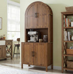 76" Tall Arched Kitchen Pantry, Large Kitchen Storage Cabinet with Fluted Doors and Microwave Stand, Modern Wood Buffet Sideboard, Adjustable Shelves, Cupboard for Dining Room, Living Room, Walnut