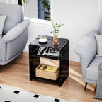 Acrylic End Table Record Player Table with Storage Shelf Clear Side Table Nightstand (Black)