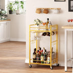 TUTOTAK Gold Bar Cart with 2 Mirrored Shelves, Wine Rack & Glass Holder | 2-Tier 17 Inch Wide Home Bar Serving Carts, Small Mobile Kitchen Shelf with 6 Hooks, Gold BC01BB031M