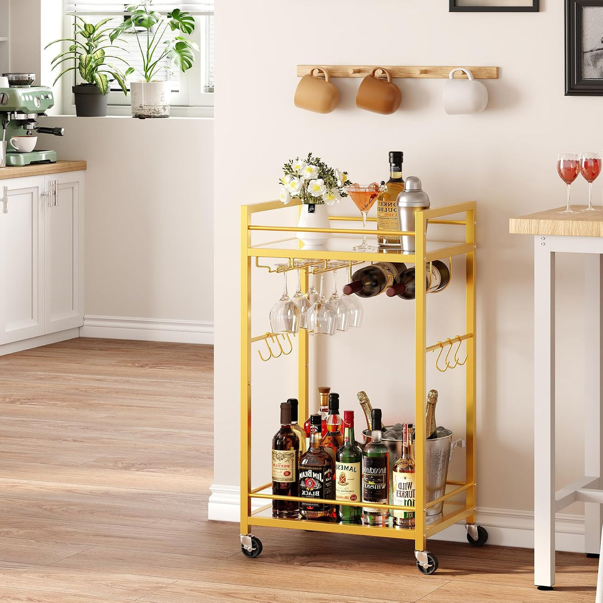 TUTOTAK Gold Bar Cart with 2 Mirrored Shelves, Wine Rack & Glass Holder | 2-Tier 17 Inch Wide Home Bar Serving Carts, Small Mobile Kitchen Shelf with 6 Hooks, Gold BC01BB031M