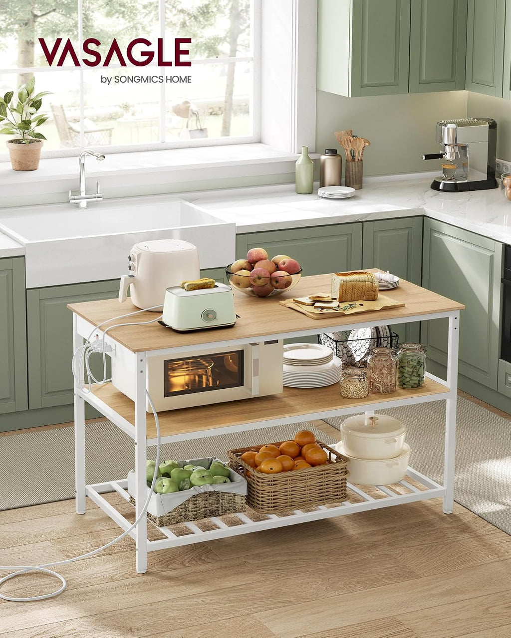 VASAGLE Kitchen Island with 3 Shelves, Storage Cabinet, Steel Structure | Kitchen Shelf with Large Wooden Worktop, 47.2 Inches Width, Golden Oak and Matte White, BARNET Collection UKKI101Y01