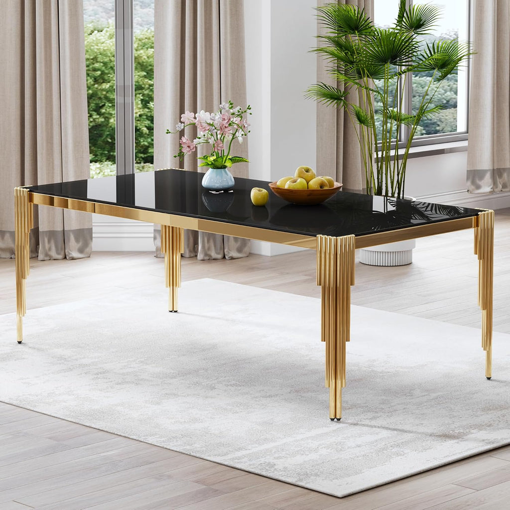 80" Large Glass Dining Table, Modern Rectangle Kitchen Table with Gold Stainless Steel Tubular Legs and Tempered Glass Top for Dining Room, Kithchen(Black)