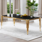 80" Large Glass Dining Table, Modern Rectangle Kitchen Table with Gold Stainless Steel Tubular Legs and Tempered Glass Top for Dining Room, Kithchen(Black)
