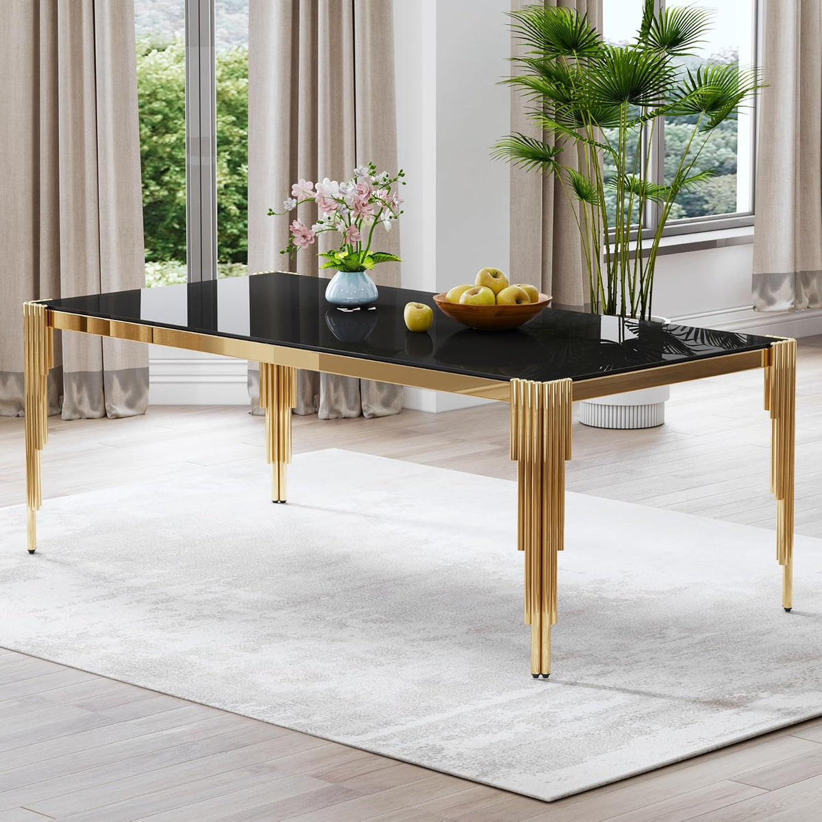 80" Large Glass Dining Table, Modern Rectangle Kitchen Table with Gold Stainless Steel Tubular Legs and Tempered Glass Top for Dining Room, Kithchen(Black)