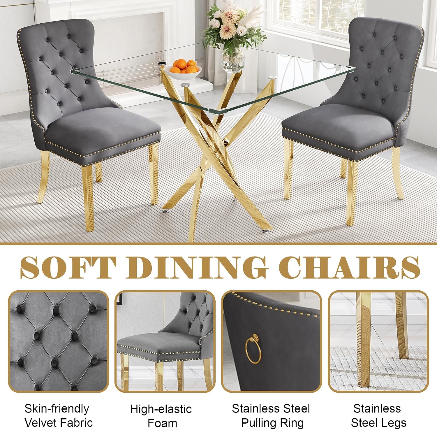 AF ARTISAN FURNITURE 36" Square Glass Dining Table Set for 2, 3-Piece Modern Kitchen Table with 2 Grey Velvet Chairs, Dining Room Table Set for Apartments Small Spaces (Gold Leg)