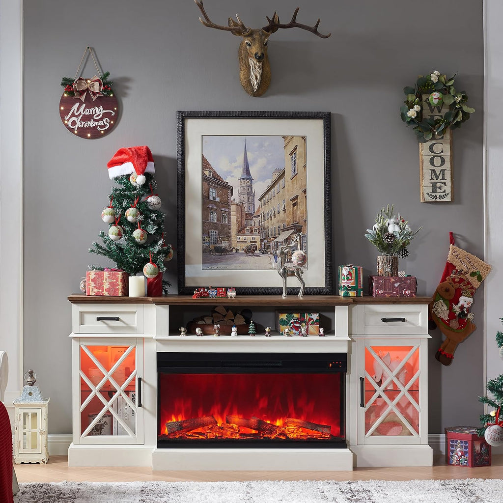 OKD Farmhouse TV Stand with Fireplace, 70'' Entertainment Center Stand with 36" 3-Sided Glass Electric Fireplace for TVs Up to 80 in, with 2 Drawers & 2 Storage Cabinet for Living Room, Antique White | with Fireplace