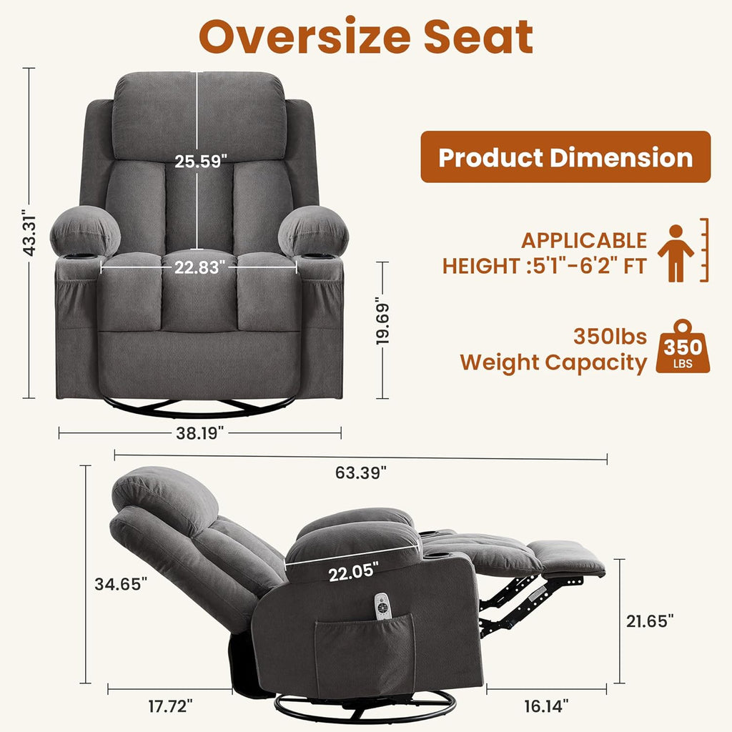 MAHOMICO Swivel Rocker Recliner Chair with Vibration Massage and Heat for Living Room,with Rocking Function and Side Pocket, USB Charge Port,2 Cup Holders