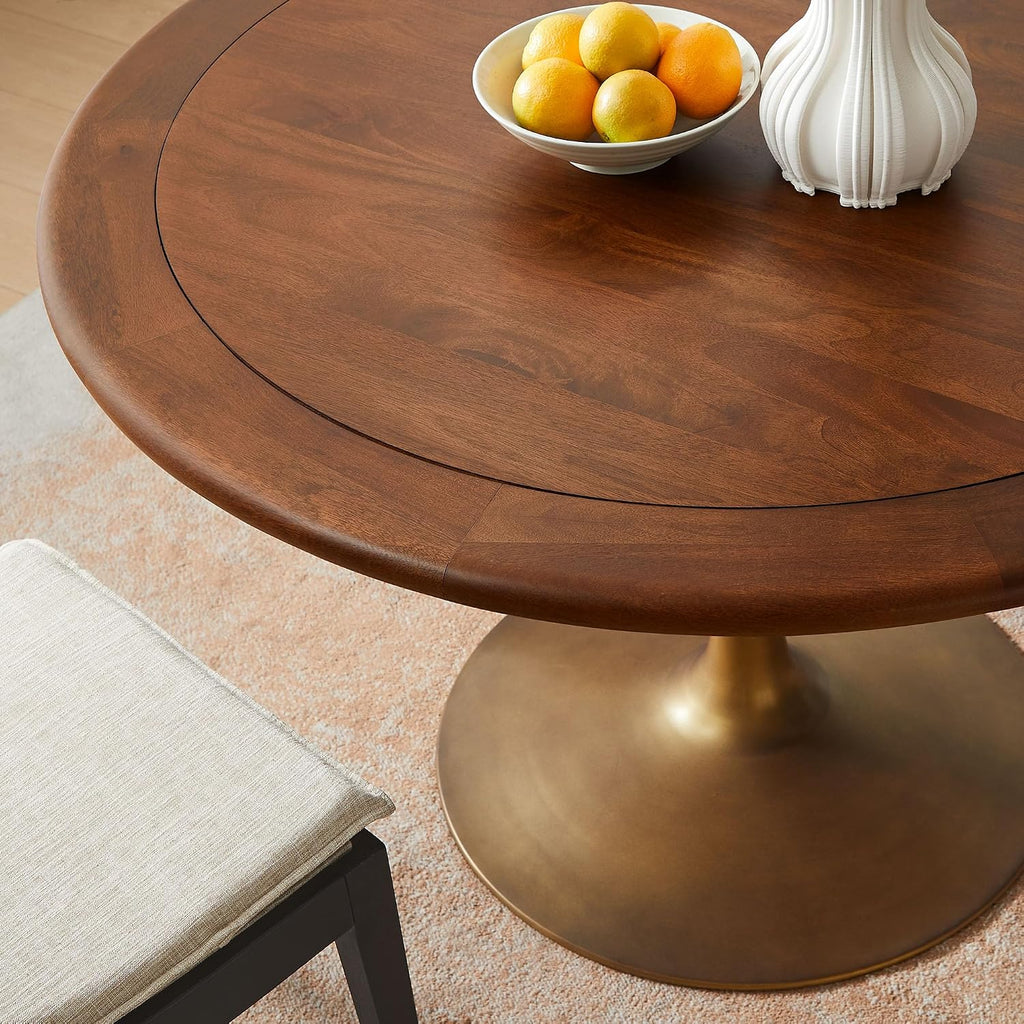 Modway Lippa 48 Inch Round Wood Dining Table with Metal Pedestal in Brass Walnut - Modern Industrial Dining Table for 4 People - Solid Wood Tulip Kitchen Table
