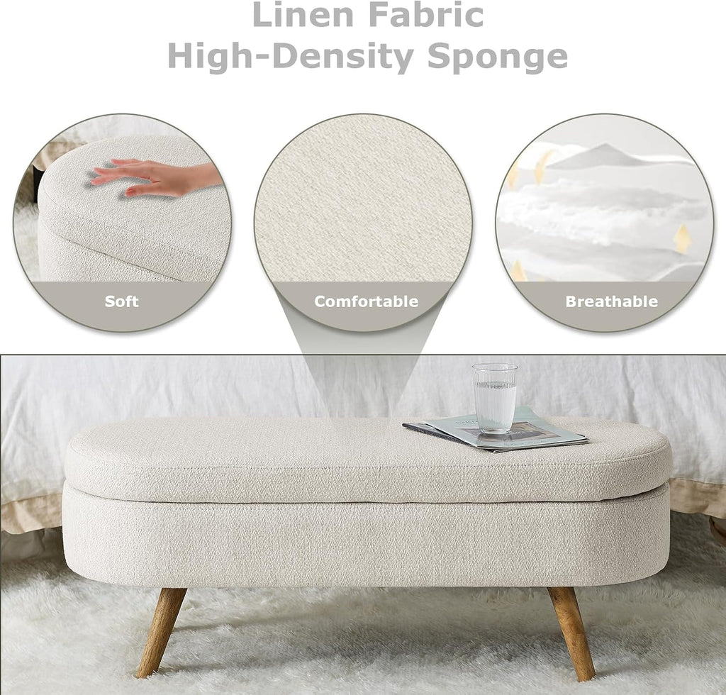 SoarFlash Ottoman Oval Storage Bench Linen Fabric Rubber Wood Legs（Beige）
