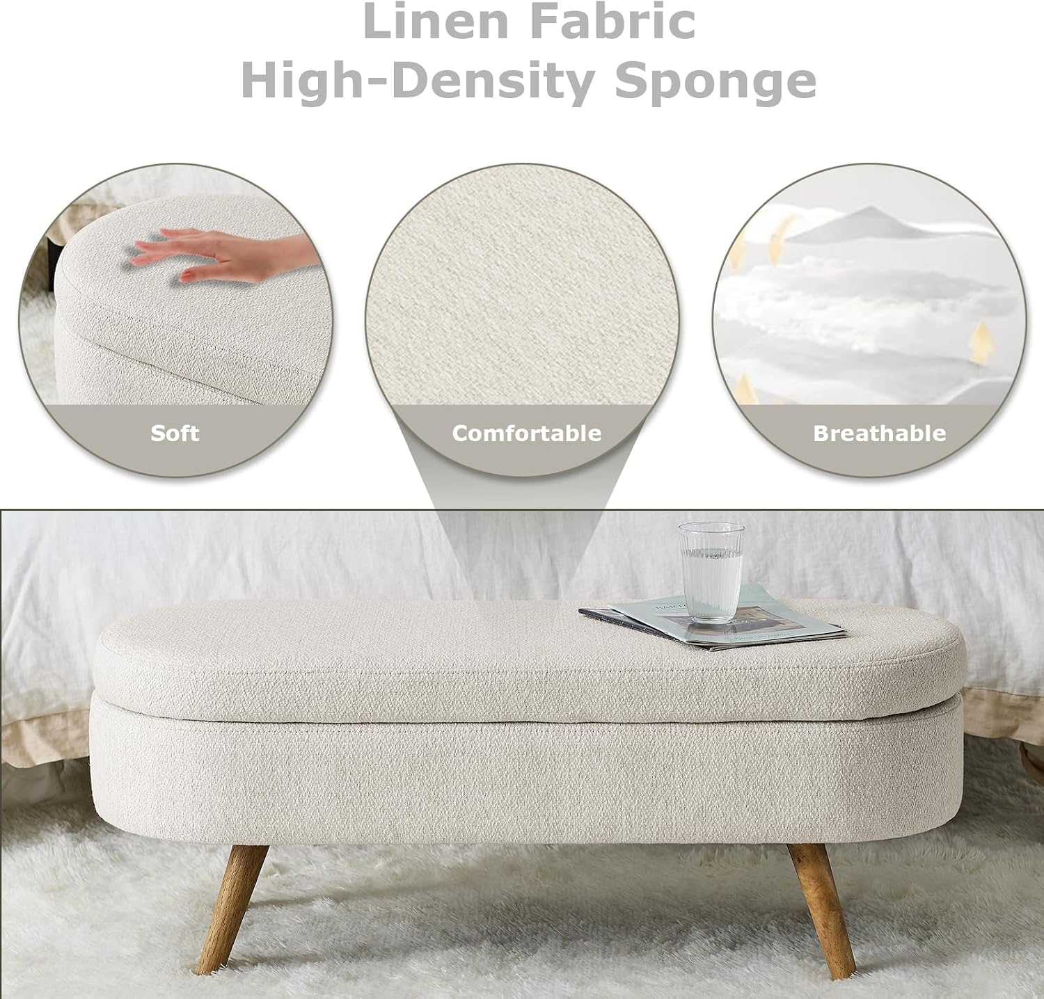 SoarFlash Ottoman Oval Storage Bench Linen Fabric Rubber Wood Legs（Beige）
