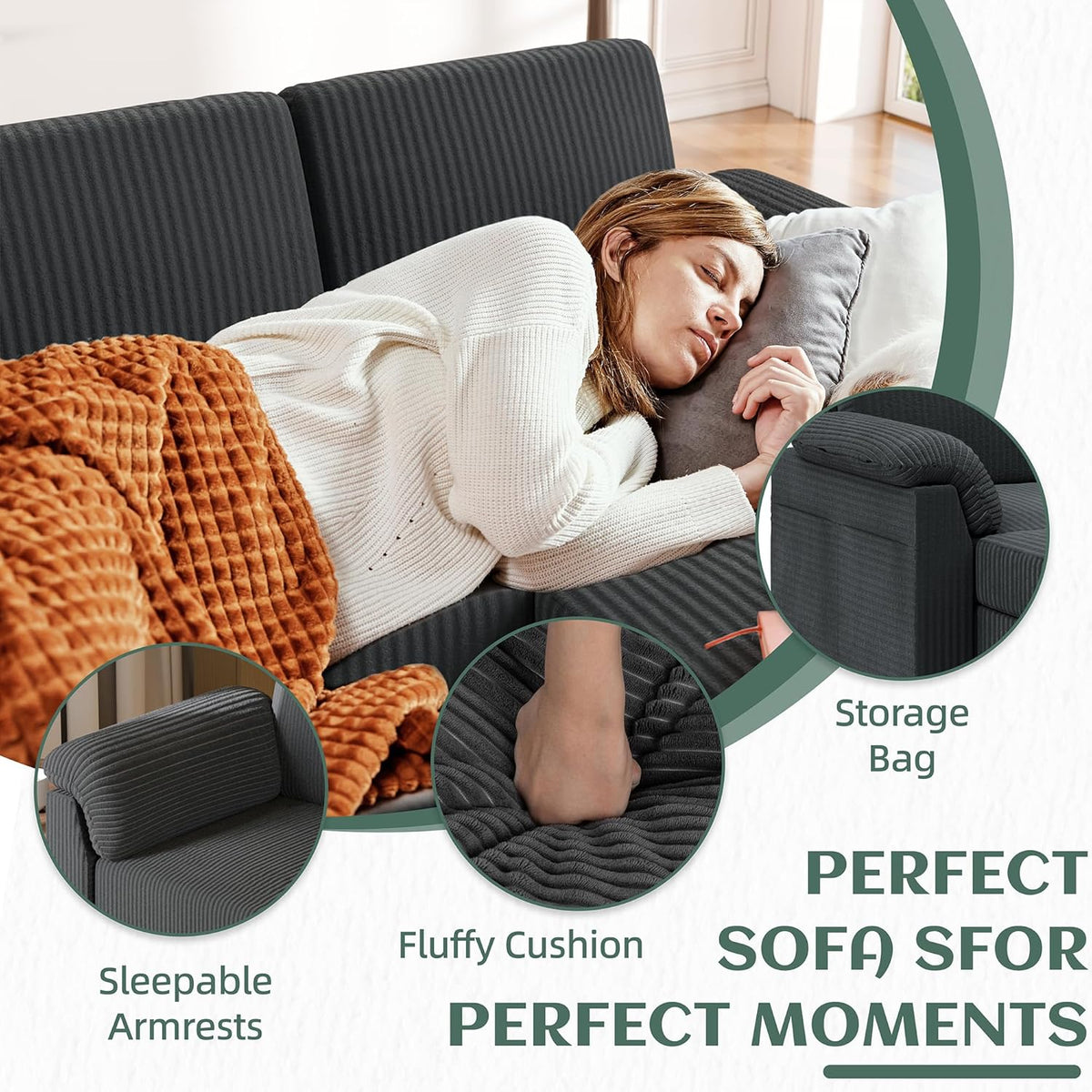 Vongrasig Convertible Sectional Sofa Couch, 3 Seat L Shaped Sofa with Removable Pillows Soft Corduroy Fabric Small Couches Mid Century for Living Room, Apartment and Office (Gray)
