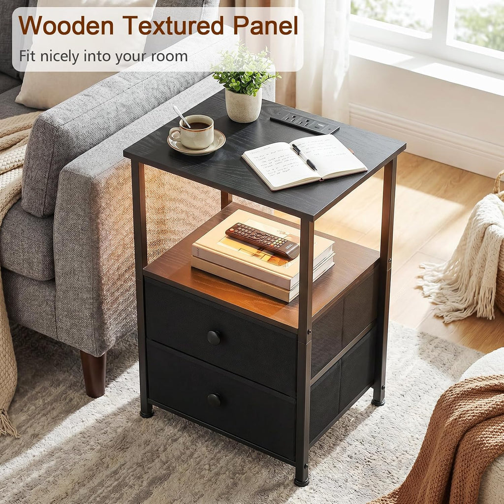 LOAKEKEL Nightstands Set of 2, LED Night Stand with Charging Station | Bedside Table with Type-C Outlets & 2 Fabric Drawers, End Tables with Storage Shelf for Bedroom, Small Spaces, Black