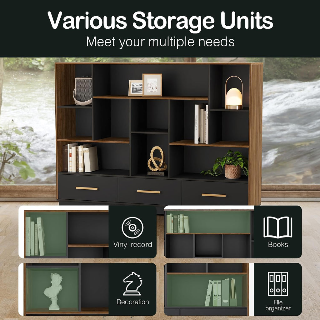 ModernMate 60" Wide Bookcase with 3 Drawers and 12 Open Cubes, Black Walnut