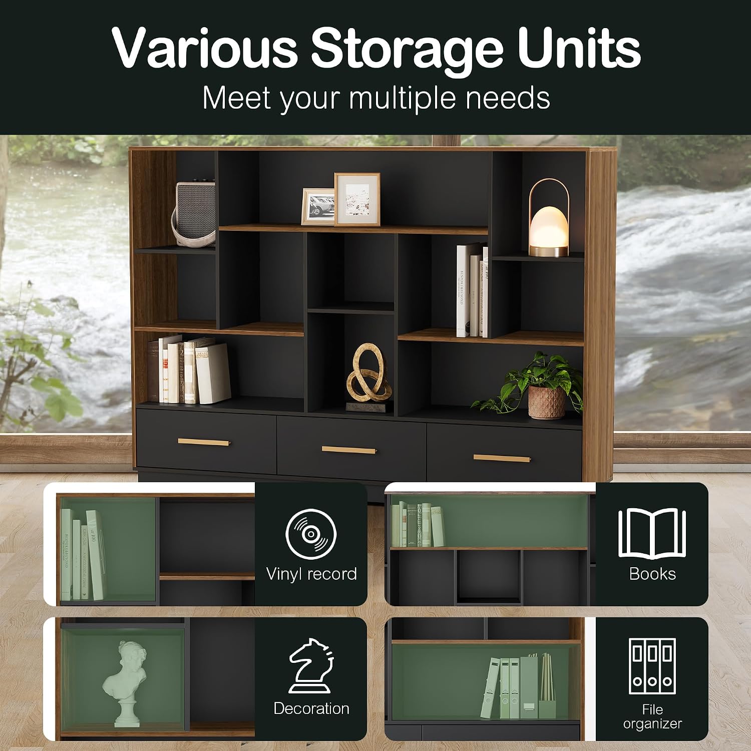 ModernMate 60" Wide Bookcase with 3 Drawers and 12 Open Cubes, Black Walnut