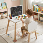 Costzon Weaning Table and Chair Set with Chalkboard | Wooden Kids Table and Chair Set with Brush Pot for Drawing, Learning and Mealtime, Multi Activity Desk for Toddlers