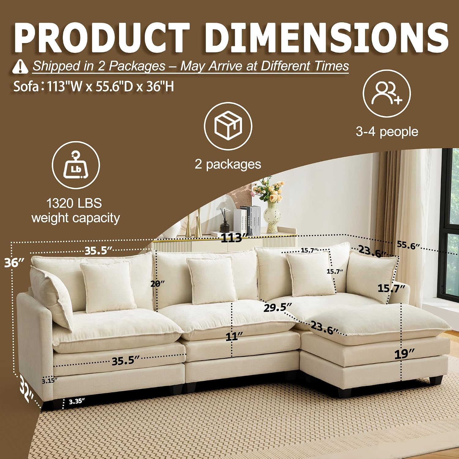 113" Modular Sectional Sofa, L Shaped Cloud Couch with Ottoman | Comfy Chenille Deep Seat Sofa with Throw Pillows, 4 Seat Modern Couches for Living Room Bedroom Apartment, Beige, 113" L