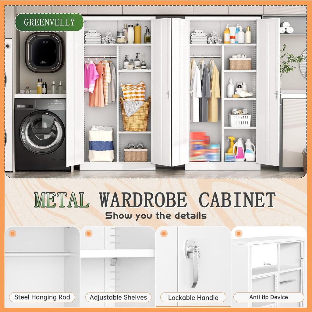 Greenvelly Metal Wardrobe Cabinet with Locking Doors, 72"H White Metal Wardrobe Closet with Hanging Rods and Adjustable Shelves, Clothing Storage Closet for Home, Office, Employee, Gym (16" D x 32" W)