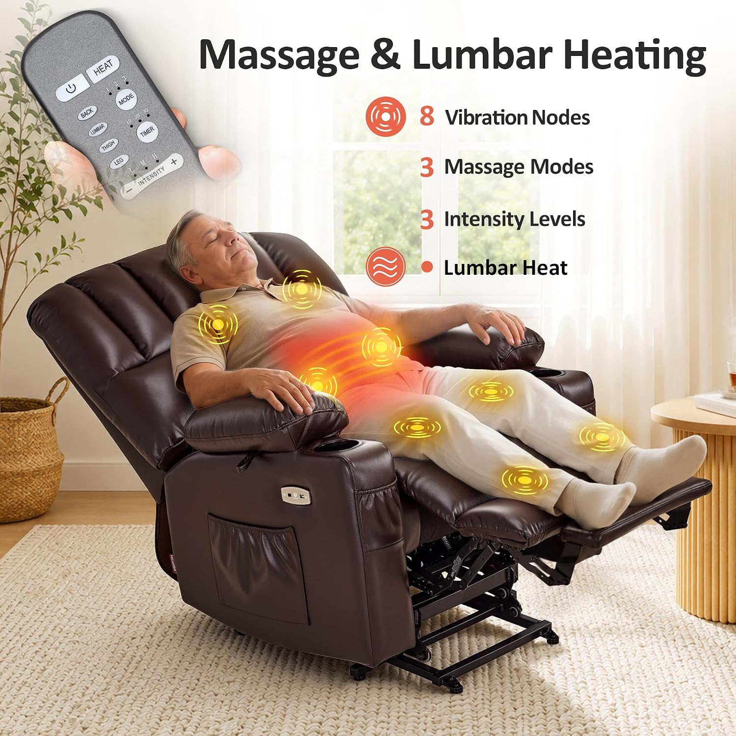 MCombo Oversized Power Lift Recliner Chair for Elderly R7092 (Dark Brown) | Stand Assistance, Wide seat, Heat and Massage, 4.7" Extra Footrest, 150° Max Recline, USB Ports, Cup Holders, Faux Leather