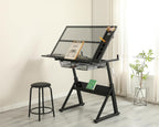 Adjustable Drawing Table for Artists | Drafting Desk with Tilted Glass Top | Art & Craft Table for Adults (Black, Smart Upgrade-29.52’’- 37.8'' H)