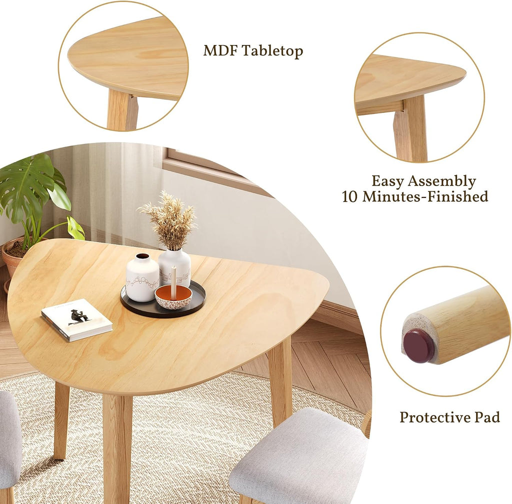 P PURLOVE Modern 3 Piece Table Set, Triangular Table and 2 Curved Wood Chairs for Living Room, Dining Room, Kitchen, Small Space, Minimalist Space-Saving (Natural)