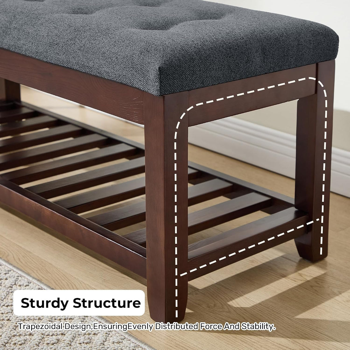 Shoe Bench Entryway, 44" End of Bed Bench,Upholstered Linen Bench for Living Room,Fabric Ottoman Bench with Solid Wood Shelf for Bedroom, Entrance Darkgrey