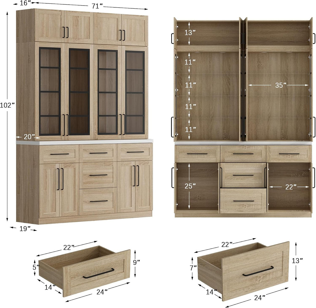 WOODTIME 102" H Kitchen Pantry with LED Light, Glass Doors, Shelves & 5 Drawers, Large Cupboard with Adjustable Shelves & White Countertop, Modern Display Storage Cabinet for Dining Room, Natural
