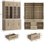 WOODTIME 102" H Kitchen Pantry with LED Light, Glass Doors, Shelves & 5 Drawers, Large Cupboard with Adjustable Shelves & White Countertop, Modern Display Storage Cabinet for Dining Room, Natural