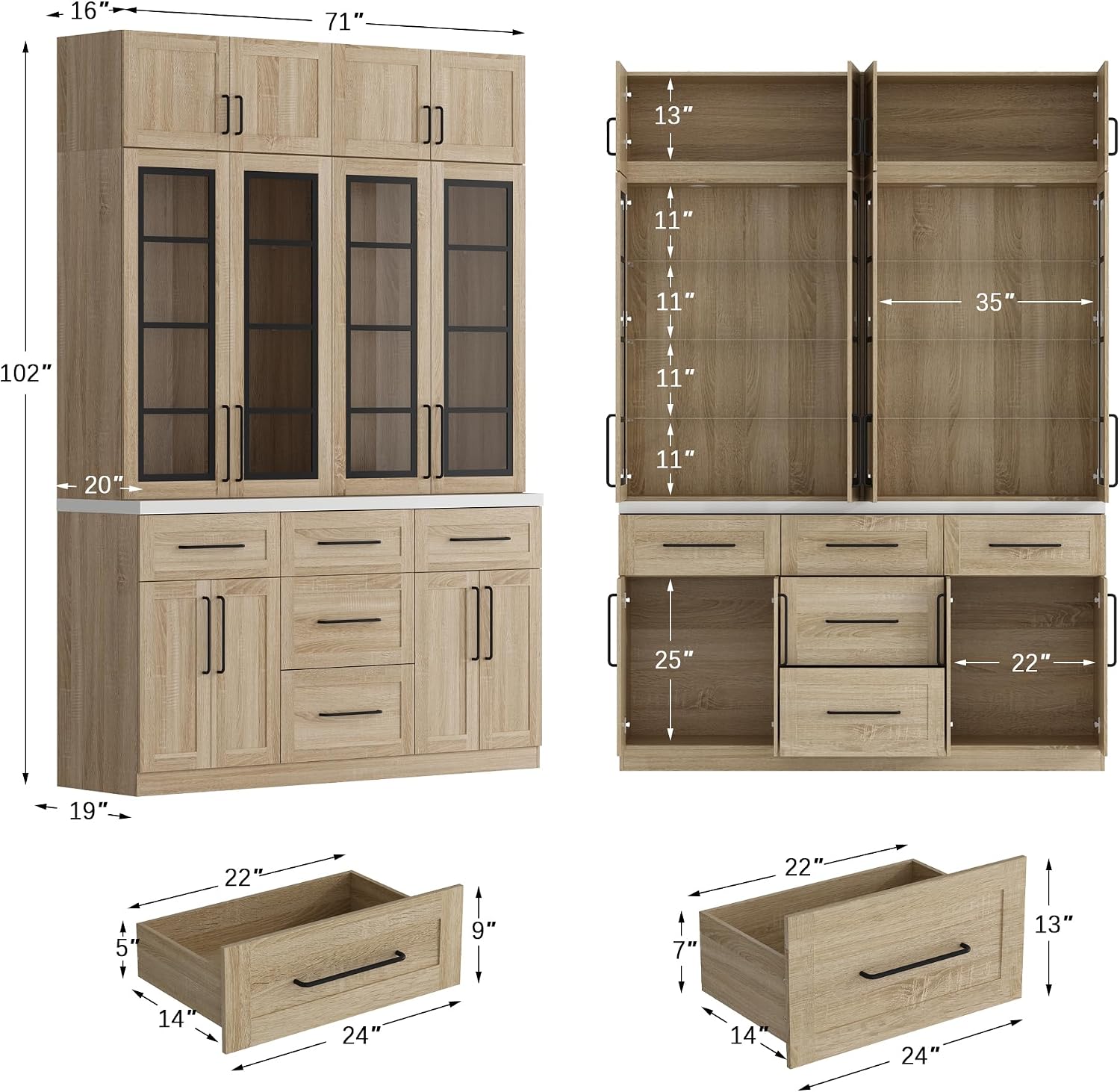 WOODTIME 102" H Kitchen Pantry with LED Light, Glass Doors, Shelves & 5 Drawers, Large Cupboard with Adjustable Shelves & White Countertop, Modern Display Storage Cabinet for Dining Room, Natural