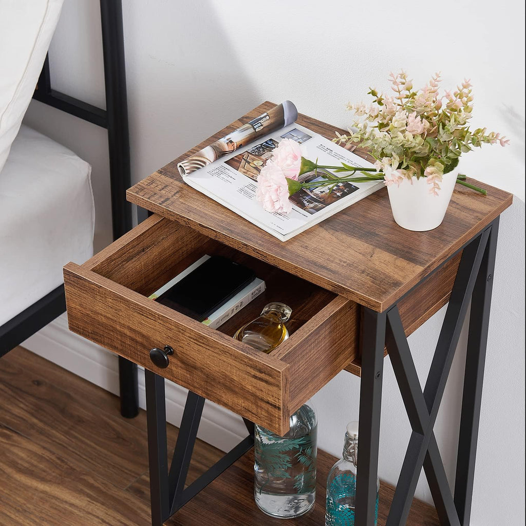 VECELO Tall Nightstand,27.6 inch Wooden End Table with Metal X-Frame,Side Table with Drawer and Storage Shelf for Living Room Bedroom Entryway Small Spaces