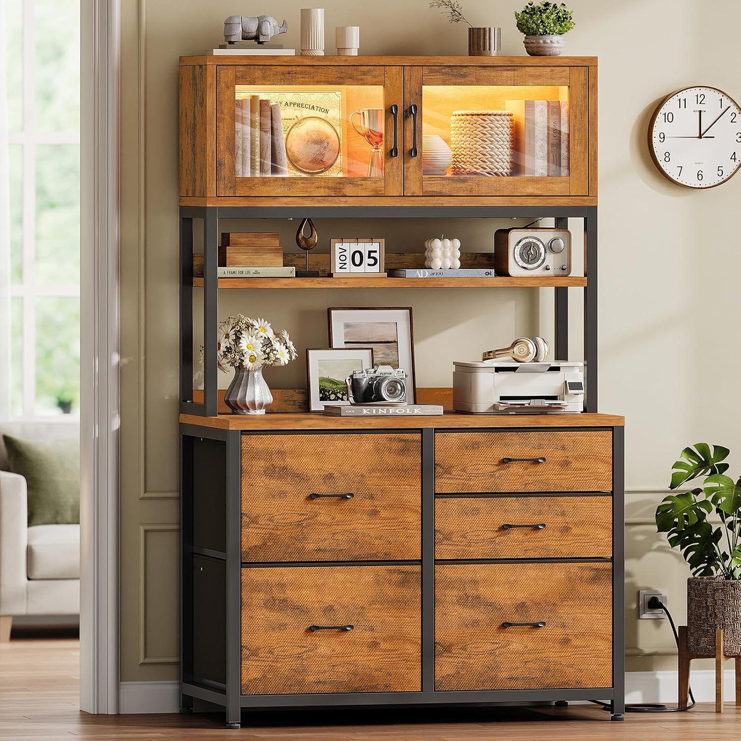 SEDETA 5 Drawer File Cabinet with Power Strip, 31.5" Filing Cabinet fits Legal, Letter, A4 Size File for Home Office with Printer Stand, LED Lights and Storage Shelf (Rustic Brown)