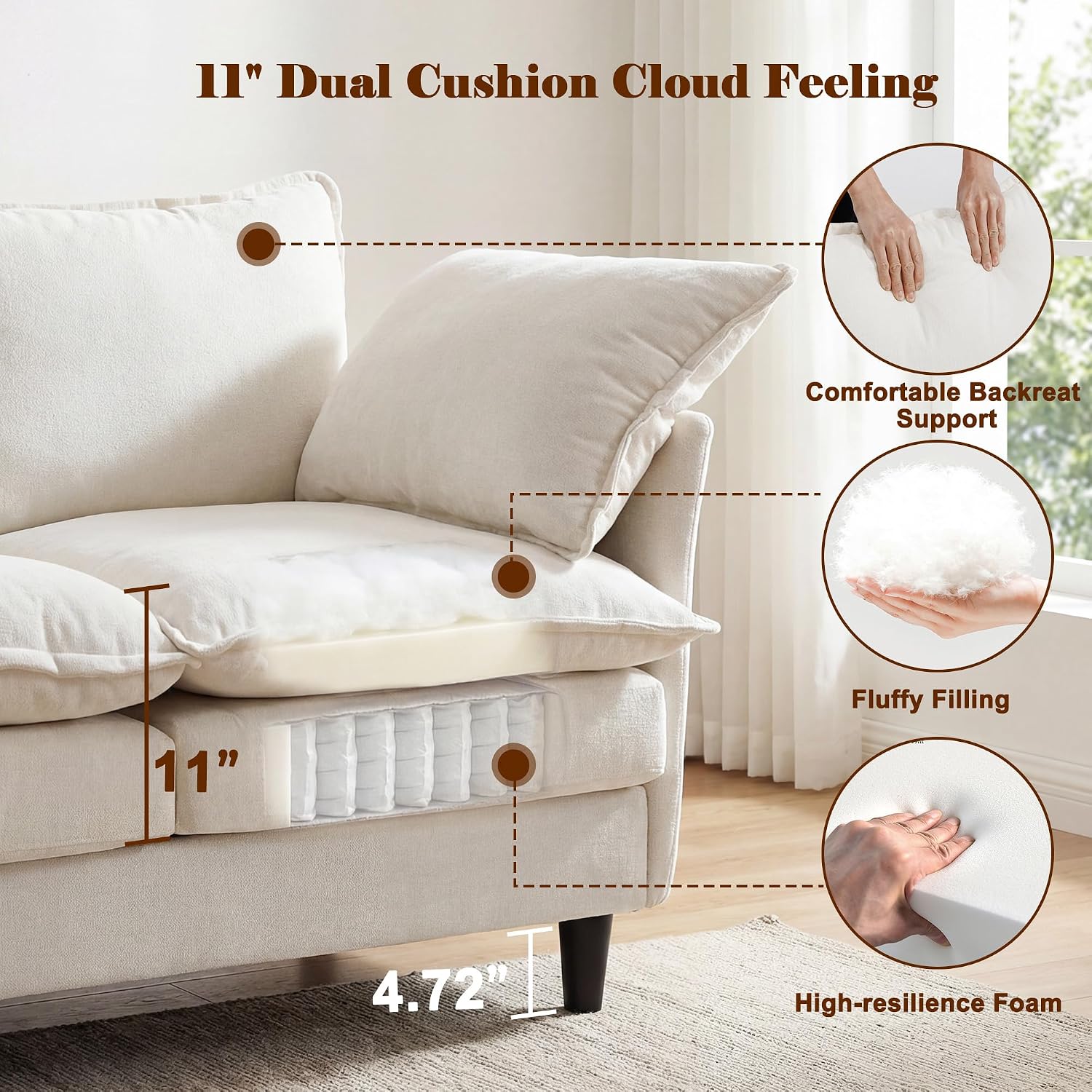 69" Couch Sofa L-Shape 3 Seat with Ottoman, Small Cloud Sofa Double-Layer Cushion 23" Deep Seat Washable Chenille Pillows Couches for Living Room Apartment Office 69-Beige-L