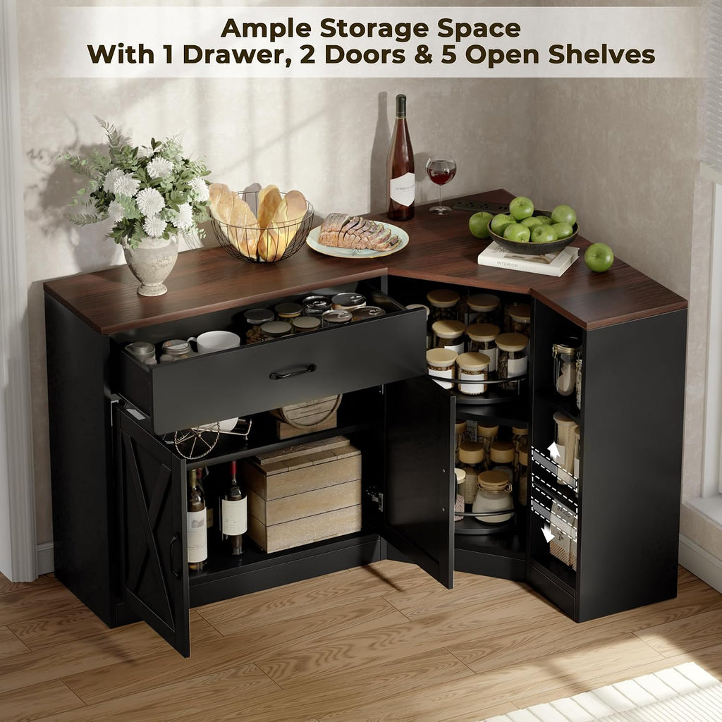 Corner Cabinet w/Charging Station, Kitchen Pantry w/Lazy Susan Turntable | Farmhouse Food Pantry Cabinet w/Drawer & Doors & Adjustable Shelf, L-Shaped Sideboard for Dining Room (Black)