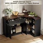 Corner Cabinet w/Charging Station, Kitchen Pantry w/Lazy Susan Turntable | Farmhouse Food Pantry Cabinet w/Drawer & Doors & Adjustable Shelf, L-Shaped Sideboard for Dining Room (Black)