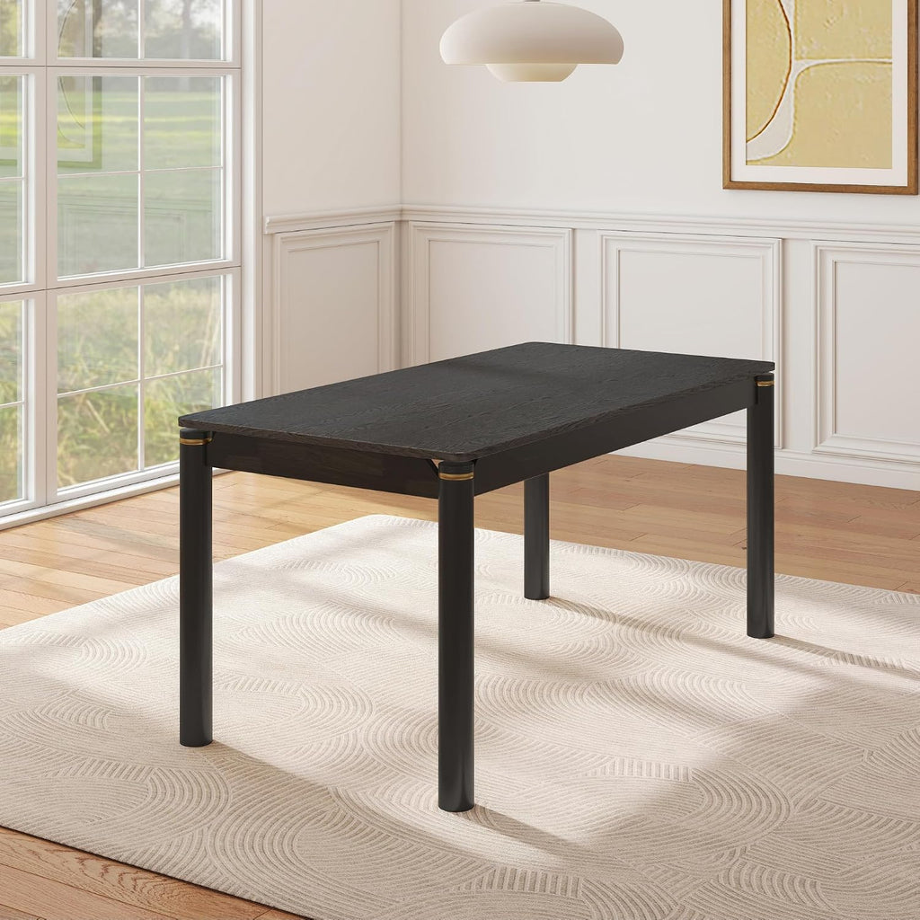 Hyfirm 63 Inch Black Solid Wood Dining Table for 4-6, Mid Century Modern Rectangular Dining Table with Gold Ring Decoration, Farmhouse Dinner Table for Dining Room Restaurant