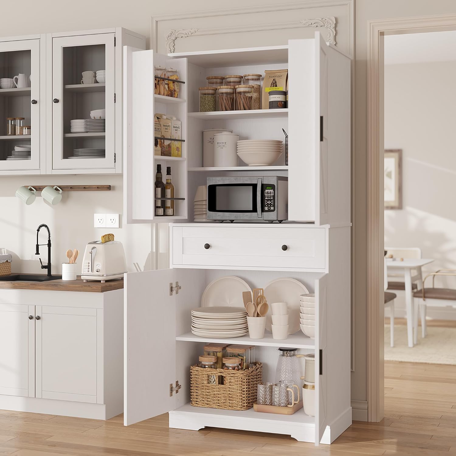 Garvee 71" Kitchen Pantry Cabinet, Barn Door Freestanding Cupboard with Drawer, Sliding Storage Rack, and 6 Hanging Shelves for Kitchen, Dining Room, Living Room Bedroom