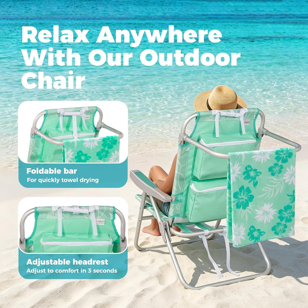Low Beach Chairs for Adults - 5-Position Lay-Flat Backpack Chair with Large Insulated Cooler & Storage Pocket, Aluminum Frame, Portable for Travel & Outdoor, Supports 300lbs, Ocean Mint