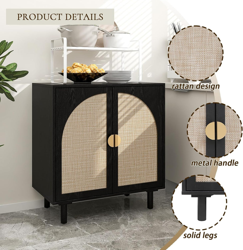2 Doors Rattan Sideboard Cabinet– 31.5”L for Entryway/Living Room/Dining Console Table Storage, Moisture-Proof, Sturdy Golden Semi-Circular Metal Handles