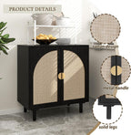 2 Doors Rattan Sideboard Cabinet– 31.5”L for Entryway/Living Room/Dining Console Table Storage, Moisture-Proof, Sturdy Golden Semi-Circular Metal Handles