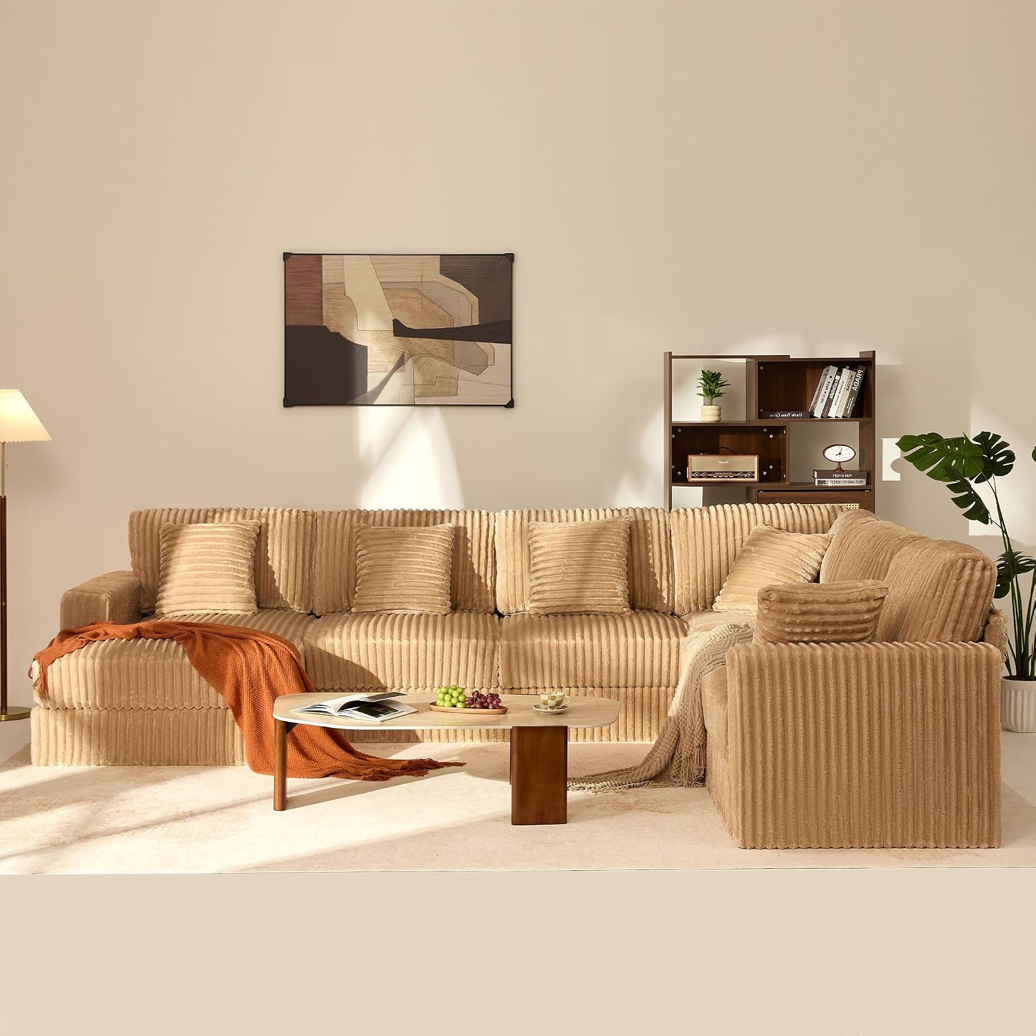 GOSUHI 139" U-Shaped Cloud Couch, Modular Sectional, Deep Seats, Camel | Pocket Spring Cushions, Oversized 7-Seater, Left Facing Chaise, Corduroy Upholstery Couches for Living Room