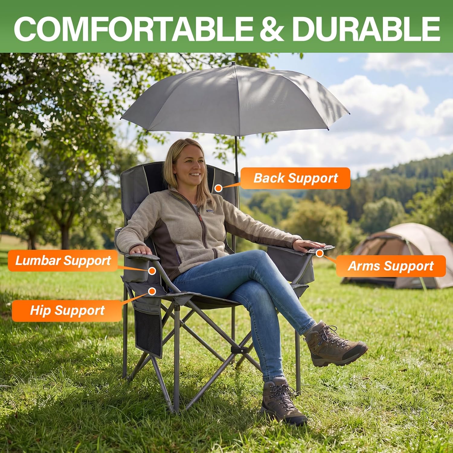 2 Pack Oversized Camping Chairs with Adjustable Umbrella-Folding Padded Lawn Chair with Backrest & Comfy Armrest-Heavy Duty for Beach Patio Picnic,Black