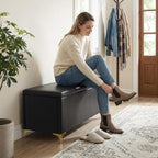 FHFO 52.9" Storage Ottoman Bench, End of Bed Storage Bench, Black | Faux Leather Upholstered | Large Capacity | Durable Fabric | Solid Wood Frame