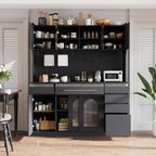 Freestanding Kitchen Pantry Cabinet with Hutch, Large Coffee Bar Storage Cabinet with Adjustable Shelves, Drawers, Pegboard, Towel Rack and Power Outlet (Black)