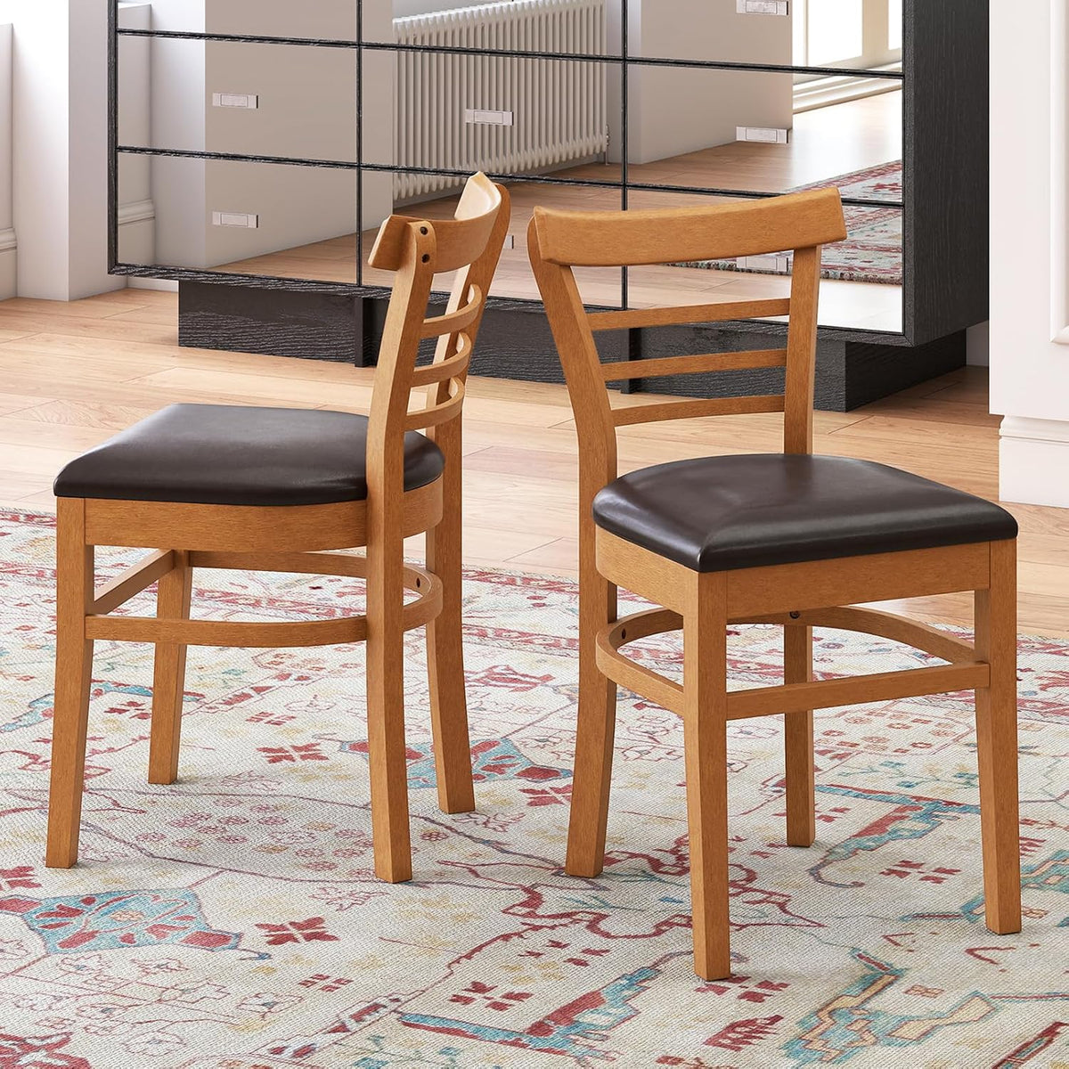 KOTEK Wooden Dining Chairs Set of 2, Solid Rubber Wood Kitchen Chairs with PU Leather Cushioned Seat and Curved Backrest, Armless Side Chairs for Dining Room, Living Room (Brown & Black)