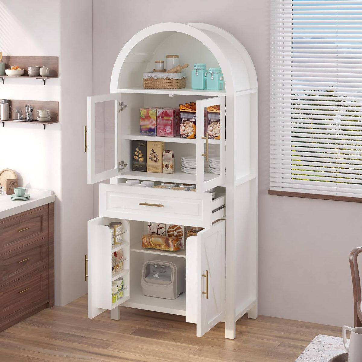 71" Tall Arched Kitchen Pantry Cabinet with Glass Door,Farmhouse Modern Wood Arched Cabinetsw/Adjustable Shelves & Drawer, Accent Cabinet with Barn Door for Kitchen, Living & Dining Room, Bathroom