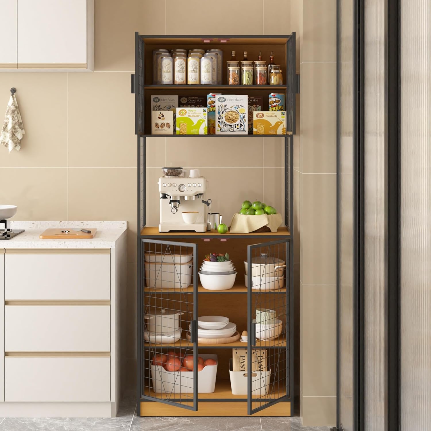 VECELO 72in Tall Kitchen Pantry Cabinet with Doors and Shelves, Large Freestanding Storage Cupboard with Countertop Hutch for, Oak